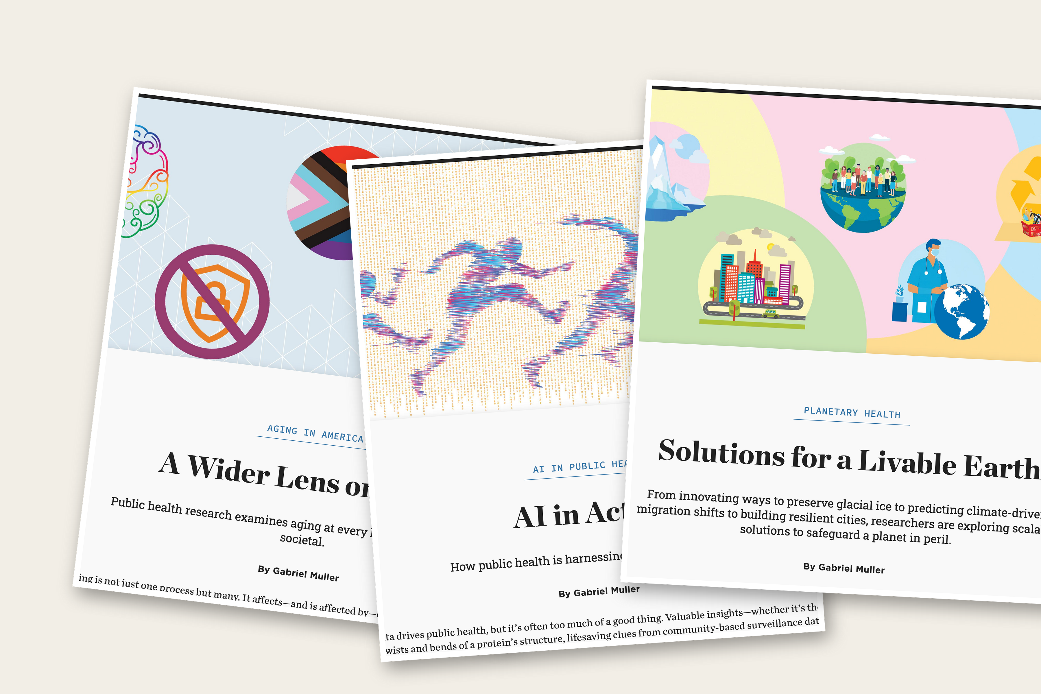 Three published features — A Wider Lens on Aging, AI in Action, Solutions for a Livable Earth