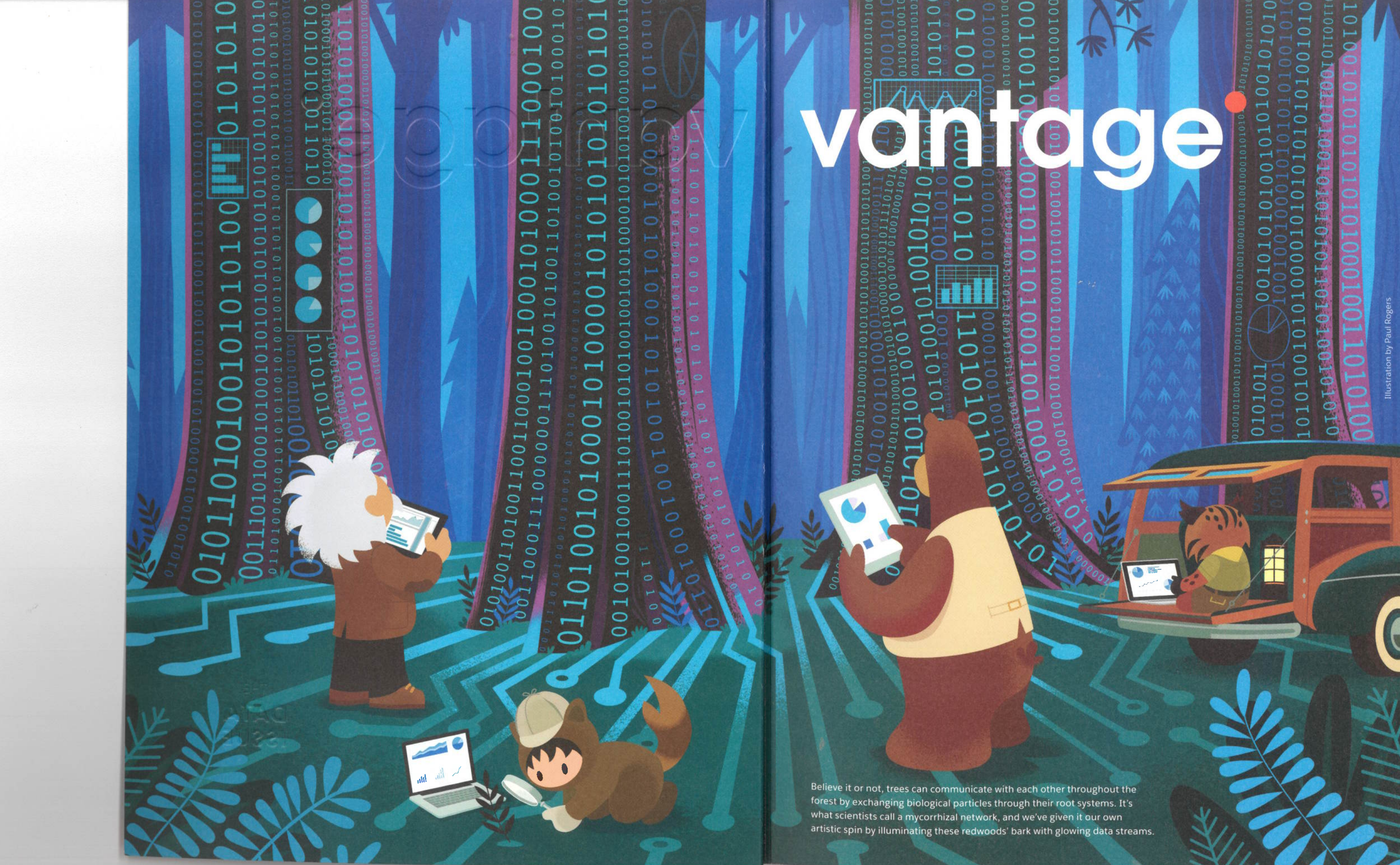 Vantage Point interior spread — editorial illustration and data visualization